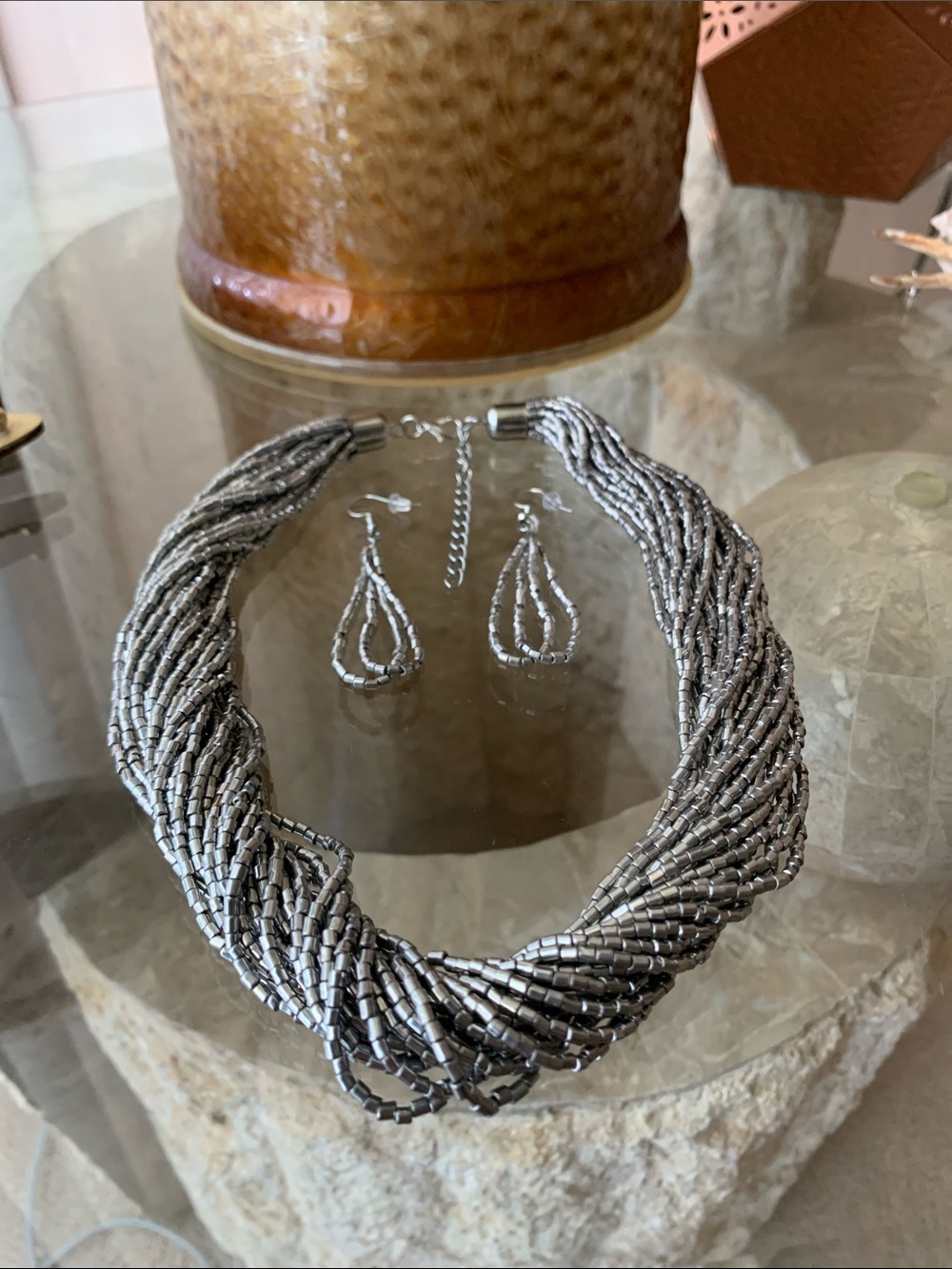 Silver Multi-Strand Beaded Necklace and Earring Set